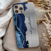 Moderne Navy Blau Zilveren Agaten Metaalglans Case-Mate iPhone Case
