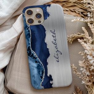 Moderne Navy Blau Zilveren Agaten Metaalglans Case-Mate iPhone Case