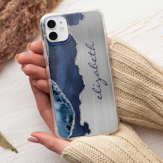 Moderne Navy Blau Zilveren Agaten Metaalglans Case-Mate iPhone Case