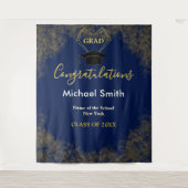 Moderne Navy Blauw Klasse Gouden Afstudeerfoto Ach Wandkleed (Voorkant)