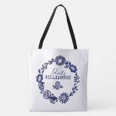 Moderne Navy Blauw & Wit Bloemenkrans Tote Bag (Voorkant)