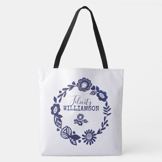 Moderne  Navy Blauw & Wit Bloemenkrans Tote Bag (Voorkant)