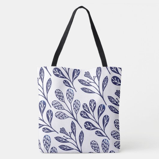 Moderne  Navy Blauw & Wit Bloemenkrans Tote Bag (Achterkant)