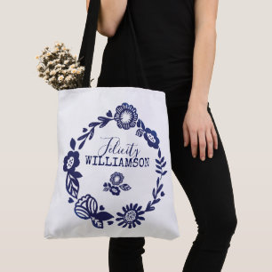 Moderne  Navy Blauw & Wit Bloemenkrans Tote Bag