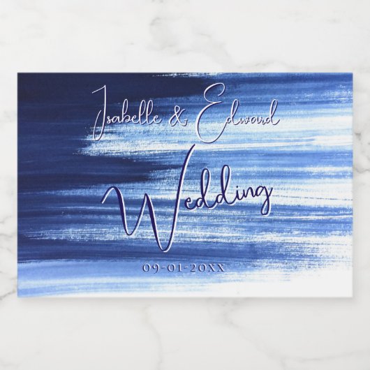 Moderne Navy blauw & wit Waterverf borstelstreken Sparkling Wijnetiket (Enkel label)