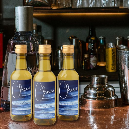 Moderne Navy blauw & wit Waterverf borstelstreken Wijn Etiket