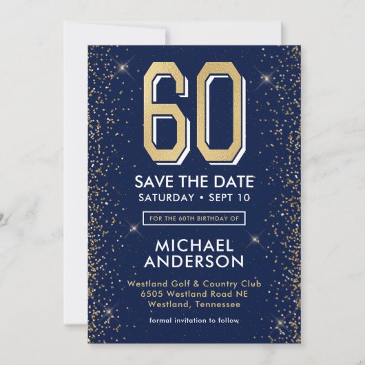 Moderne Navy Blauwe 60e Verjaardag  Save The Date (Voorkant)