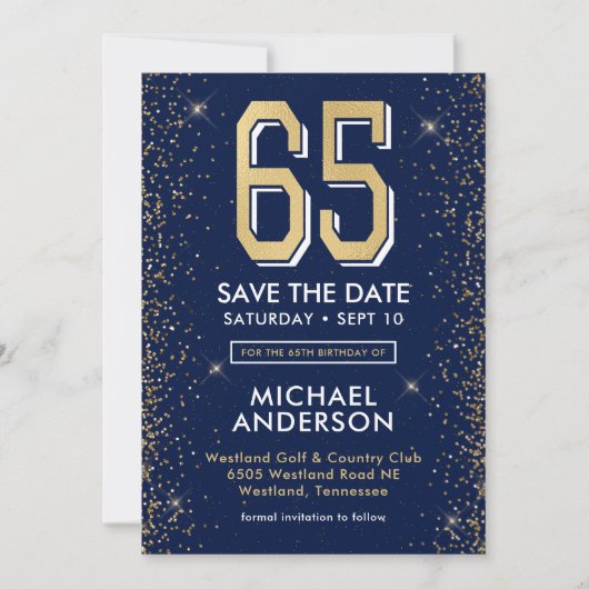 Moderne Navy Blauwe 65e Verjaardag  Save The Date (Voorkant)