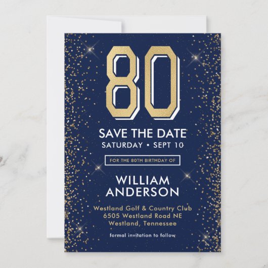 Moderne Navy Blauwe 80e Verjaardag Save The Date (Voorkant)