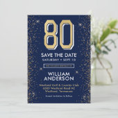 Moderne Navy Blauwe 80e Verjaardag Save The Date (Staand voorkant)