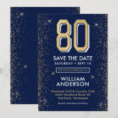 Moderne Navy Blauwe 80e Verjaardag Save The Date (Voorkant / Achterkant)
