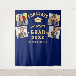 Moderne Navy Blauwe Afstudeer 4 Foto Booth Achterg Wandkleed