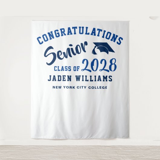 Moderne Navy Blauwe Afstudeer Foto Booth Achtergro Wandkleed (Voorkant)