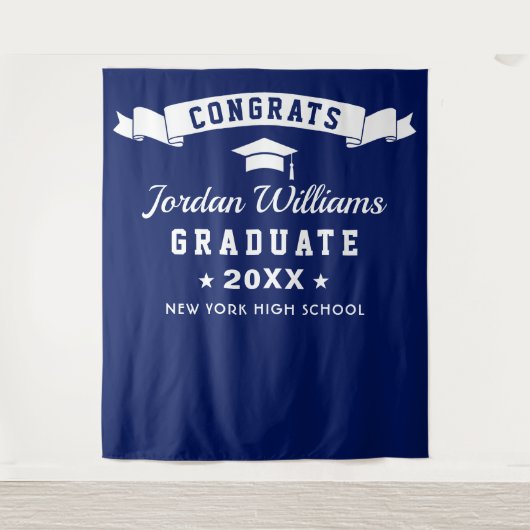 Moderne Navy Blauwe Afstudeer Foto Booth Achtergro Wandkleed (Voorkant)