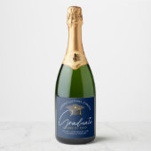 Moderne Navy Blauwe Afstudeerfeest Sparkling Wijnetiket (Voorkant)
