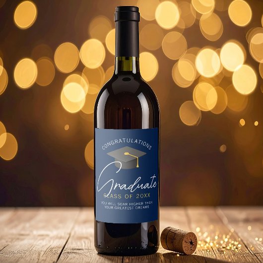 Moderne Navy Blauwe Afstudeerfeest Wijn Etiket