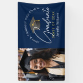 Moderne Navy Blauwe Afstudeerfoto Afstudeerfeest Spandoek (Verticaal)