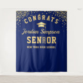 Moderne Navy Blauwe Afstudeerfoto Booth Achtergron Wandkleed (Voorkant)