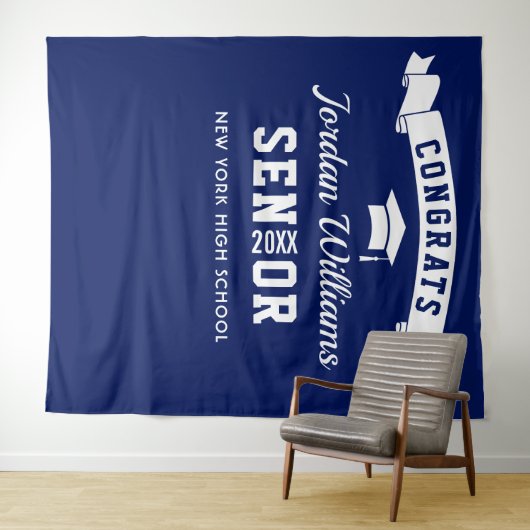 Moderne Navy Blauwe Afstudeerfoto Booth Achtergron Wandkleed (In Situ (horizontaal))