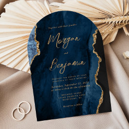 Moderne Navy Blauwe Agaat Script Boog Bruiloft Kaart