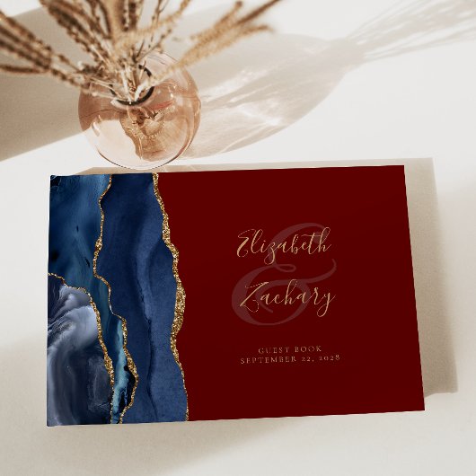 Moderne Navy Blauwe Agate Gouden Script Bourgondië Gastenboek