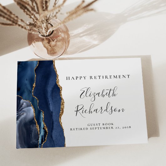 Moderne Navy Blauwe Agate Gouden Script Pensioen Gastenboek