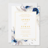 Moderne Navy Blauwe Bloemen & Gele Trouwdag Kaart (Voorkant)