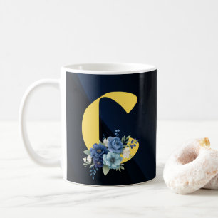 Moderne Navy-Blauwe Bloemige Monogram Verjaardag Koffiemok