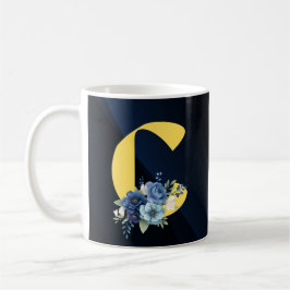 Moderne Navy-Blauwe Bloemige Monogram Verjaardag Koffiemok