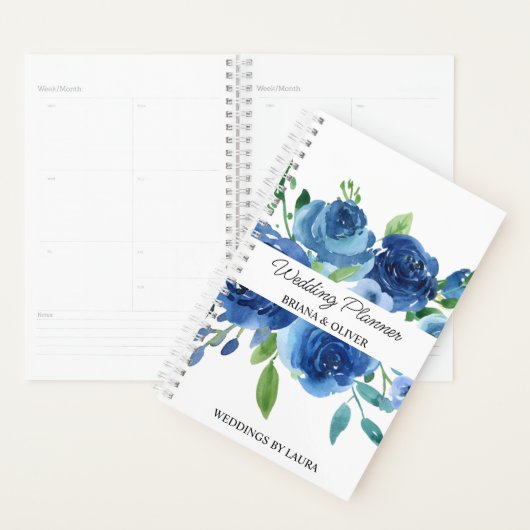 Moderne Navy Blauwe Bloemige Trouwdag Planner (Display)