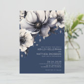 Moderne Navy Blauwe Bloemige Trouwjurk Kaart (Staand voorkant)