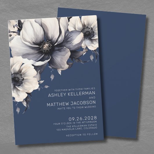Moderne Navy Blauwe Bloemige Trouwjurk Kaart