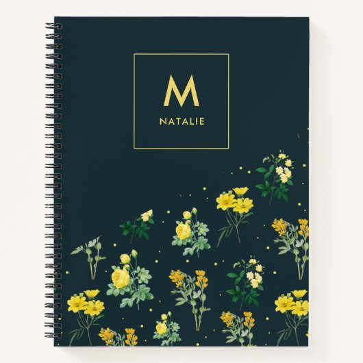 Moderne Navy Blauwe Bloempatroon Monogram Notitieboek (Voorkant)