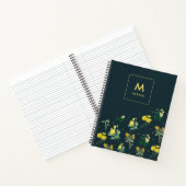 Moderne Navy Blauwe Bloempatroon Monogram Notitieboek (Binnen)