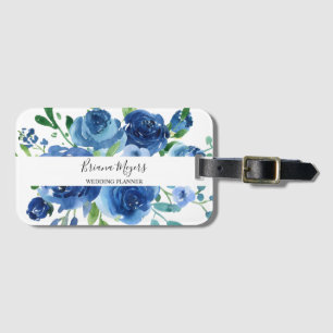Moderne Navy Blauwe Bloemrijke Script Bagagelabel