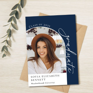 Moderne Navy Blauwe Boog Foto Afstudeerfeest Kaart