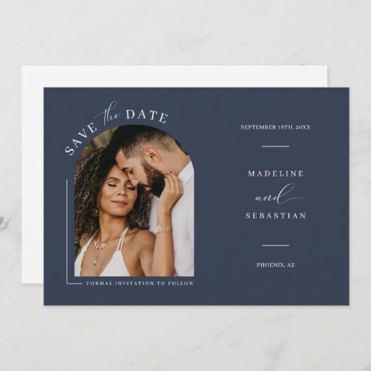 Moderne Navy Blauwe Boog Foto QR Code Save the Dat Kaart (Voorkant / Achterkant)