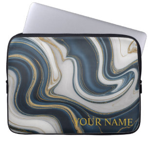 Moderne Navy Blauwe en Gouden Vloeibare Marmer Laptop Sleeve