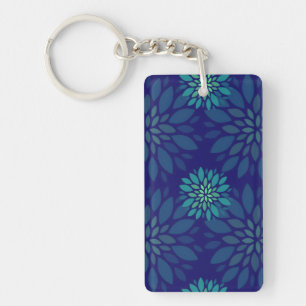 Moderne Navy Blauwe en Groene Bloem Bladeren Patro Sleutelhanger