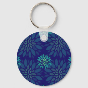 Moderne Navy Blauwe en Groene Bloem Bladeren Patro Sleutelhanger