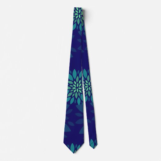 Moderne Navy Blauwe en Groene Bloem Bladeren Patro Stropdas (Voorkant)