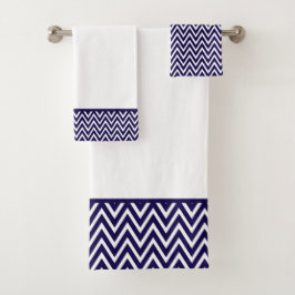 Moderne Navy Blauwe en Witte Chevron Streep Bad Handdoek