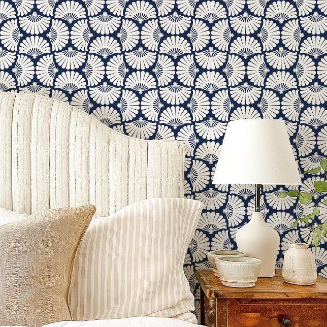 Moderne Navy Blauwe en Witte Ogee Palmwaaier Behang (Creator heeft geüpload)