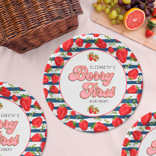 Moderne Navy Blauwe en Witte Strepen Berry Eerst Papieren Bordje