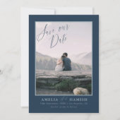 Moderne Navy Blauwe Foto Bewaar Onze Datum Save The Date (Voorkant)