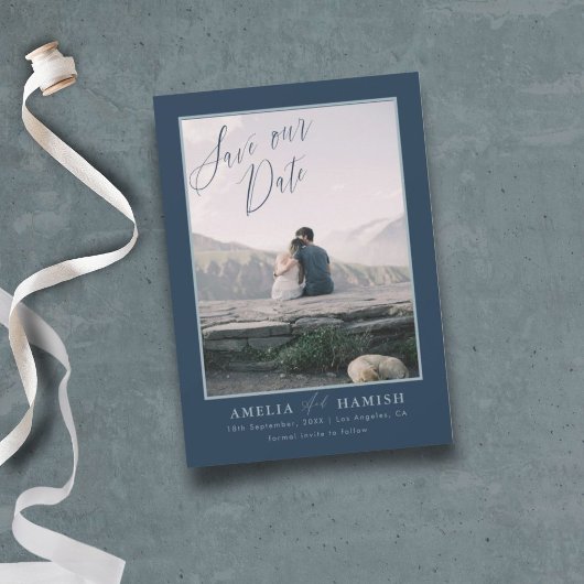 Moderne Navy Blauwe Foto Bewaar Onze Datum Save The Date