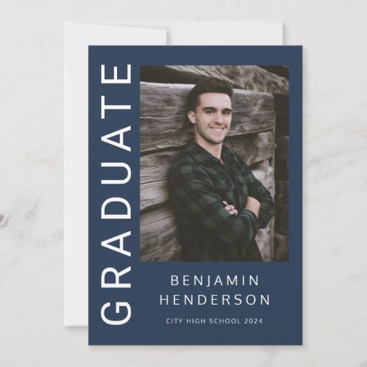Moderne Navy Blauwe Foto Jongen Afstuderen Aankondiging (Voorkant)