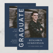 Moderne Navy Blauwe Foto Jongen Afstuderen Aankondiging (Voorkant / Achterkant)