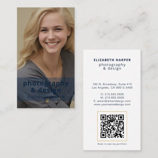 Moderne Navy Blauwe Foto QR Code Professioneel Gou Visitekaartje (Voorkant / Achterkant)