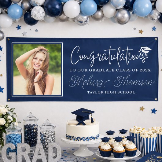 Moderne Navy Blauwe Gefeliciteerd Afgestudeerde Fo Spandoek